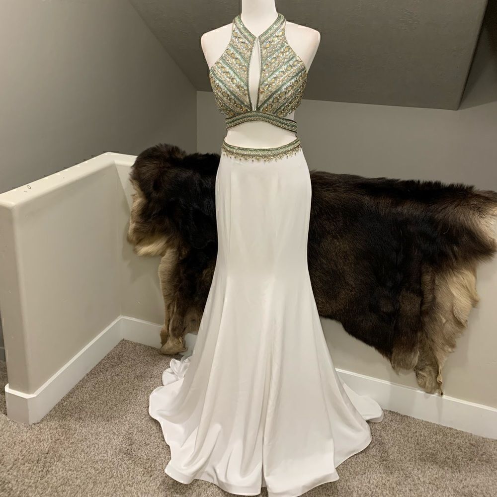 Stunning Halter Beaded & Sequined 1 Piece Fishtail Gown